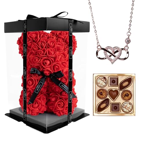 Infinity Flowerbox - Rosen Bär Geschenkset mit Infinity Kette & Pralinen im Set - 300 handbeklebte Rosen mit Duft - Geschenk für Frauen, zum Geburtstag oder Jahrestag (Roségold, Vibrant Red)