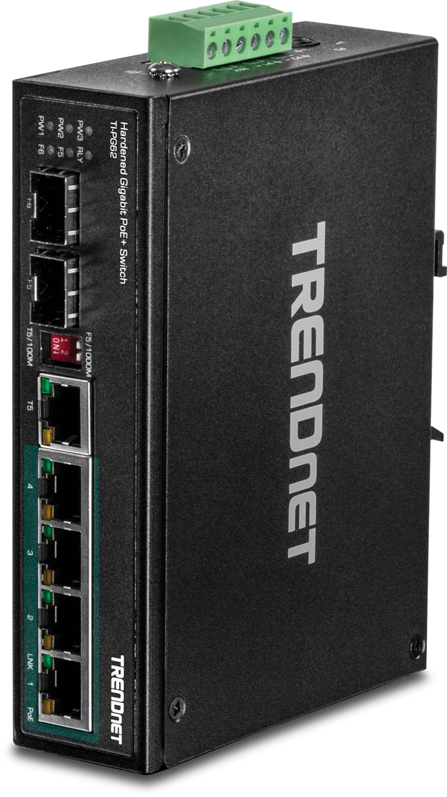 TRENDnet TI-PG62 6-Port-gehärteter industrieller Gigabit-PoE + -Din-Rail-Switch, 4 x Gigabit-PoE + -Ports, 1 x gemeinsamer Gigabit-Port (RJ-45 / SFP), 1 x dedizierter SFP, 120-W-Leistungsbudget, IP30