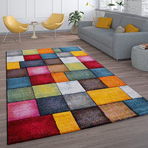 Paco Home Kurzflor Wohnzimmer Teppich Bunt Karo Design Vierecke Mehrfarbig Farbenfroh, Grösse:80x300 cm