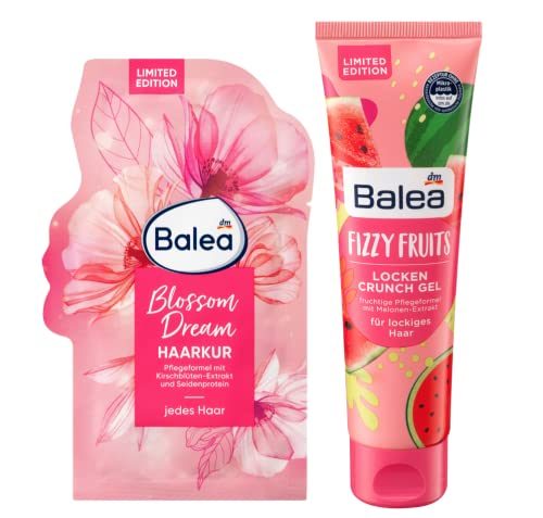 Balea 2er-Set Haarpflege: Haarkur BLOSSOM DREAM Haarmaske mit Kirschblüten-Extrakt & Seidenprotein für Geschmeidigkeit & Glanz (20 ml) + Locken Crunch Gel FIZZY FRUITS fruchtige Pflege mit Melonen-Extrakt (100 ml), 120 ml