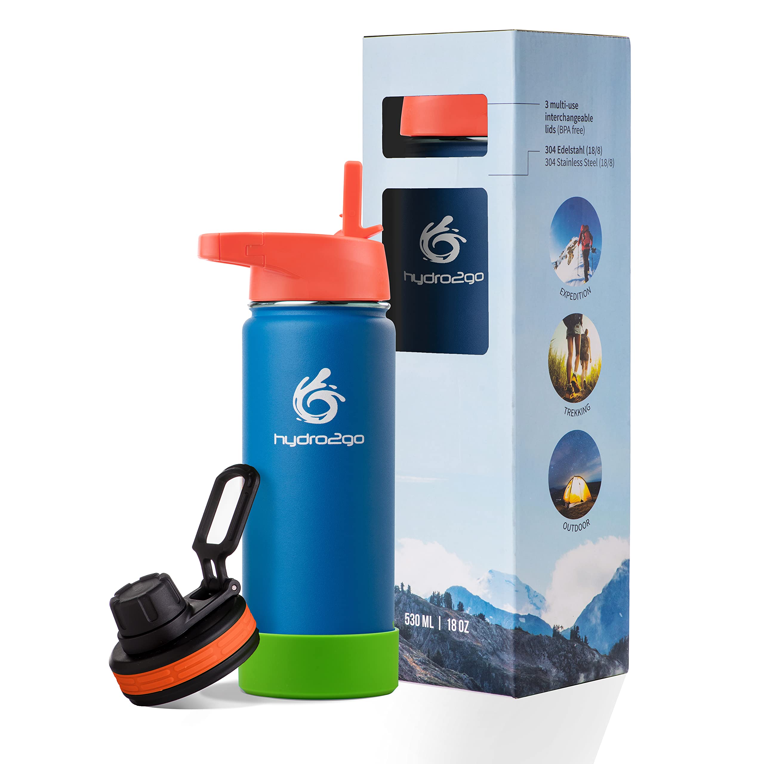 hydro2go ® Kinder Trinkflasche aus Edelstahl - 500ml | Thermo Edelstahlflasche BPA-frei für Kinder + 2 Trinkverschlüsse | 100% Auslaufsichere Kinderflasche | Strohhalm- und Sport-Verschluss