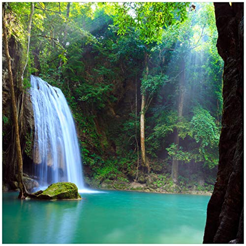 Wallario Glasbild Wasserfall im Wald am See Idylle in Thailand - 50 x 50 cm Wandbilder Glas in Premium-Qualität: Brillante Farben, freischwebende Optik