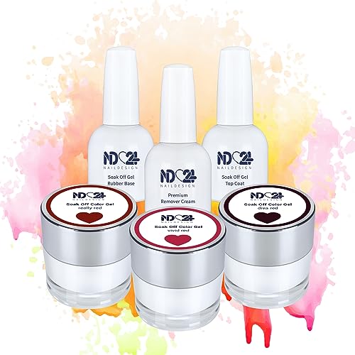 ND24 NailDesign Premium Bundle Red Illusion Soak Off Gel Collection Rubber Base Top Coat und Cream Remover - Hochpigmentiert UV LED Gellack - Satte Farbe Haltbar - Easy Peel Off Ablösen - 6-teilig