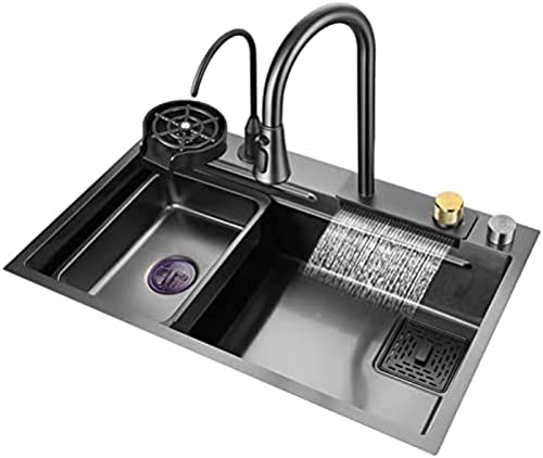 Schwarze Nano-Einzelbecken-Küchenspüle, 304-Edelstahl-Wasserfall-Barspüle, handgefertigte Mehrzweckspüle, Wohnmobil-Spüle mit ausziehbarem Wasserhahn und Entwässerungskomponenten, Aufsatz- o