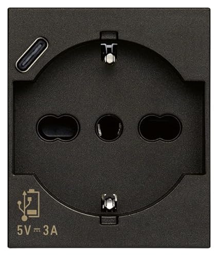 VIMAR 30210.USBG Linie SICURY Universalsteckdose italienischer Standard P40 und Steckdose für Stromversorgung USB Typ C, schwarz, 2 Module