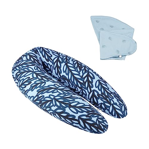 Babymoov B.Love Stillkissen & Schwangerschaftskissen Blue Leaves inkl. 1 Extrabezug Wind Blue - mit Bezug aus Bio-Baumwolle und feiner Mikroperlen-Füllung, 190cm