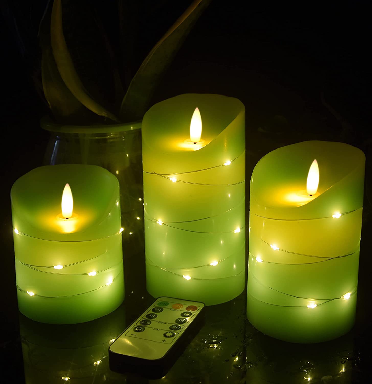 DANIP Grasgrüne LED-Kerze, eingebaute Sternenkette, 3 Kerzen, mit 11-Tasten-Fernbedienung, 24-Stunden-Timer, tanzende Flamme, Echtwachs, batteriebetrieben.