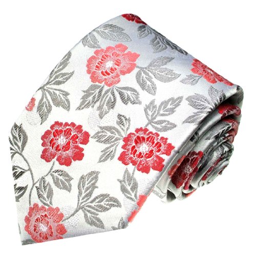 Lorenzo Cana - Designer Krawatte aus 100% Seide - Rot Silber Rosen Blumen Hochzeit Trauung - 84386