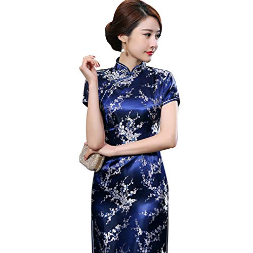 Kalaokei Cheongsam-Kleid, traditionelles Pflaumenblüten-Design, für Damen, chinesisches langes Cheongsam-Abendkleid, marineblau, 3XL