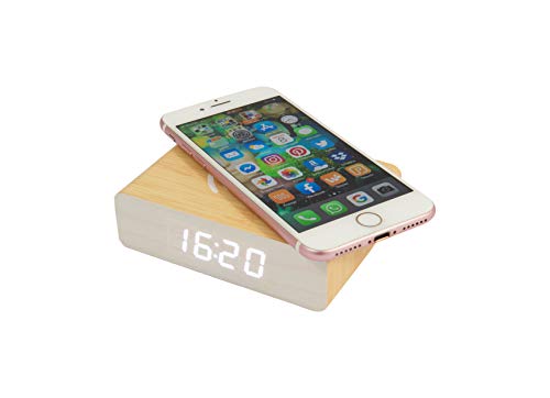 Fisura | Kabelloses Ladegerät für Handys mit Qi-Ladung, 3 Lichtstärken, 3 einstellbare Alarme aus Holz, USB-Kabel, 10,5 x 8 x 3 cm