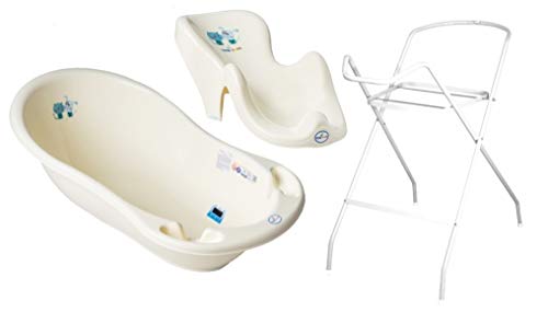3er Set Baby-Badewanne Set ergonomische Babywanne 86 cm mit Abfluss + Ständer Gestell + Badesitz Badewannensitz (3er Set, Katze und Hund Gelb)