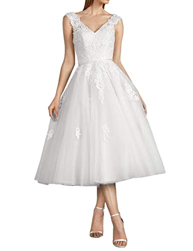 CLLA dress Damen Tüll Brautkleider Spitzen Applikationen Ballkleid Teelänge für die Braut V-Ausschnitt Abendkleider(Weiß,48)