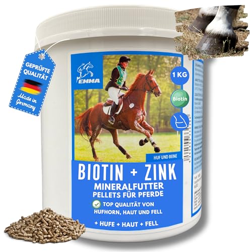 EMMA® Biotin Plus Zink Pferd I Mineralfutter für Pferd - hochdosiert I Aufbaufutter Hufe, Fell, Haut I Fellwechsel I Futter Senior Pferd Pellets 1 Kg