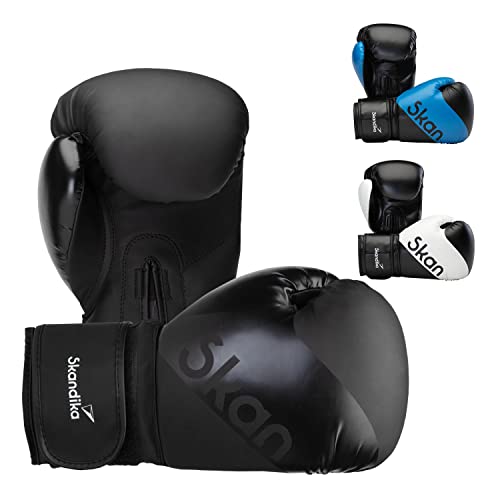 Skandika Boxhandschuhe 12 oz | Robuste Boxing Gloves für Männer und Frauen, angenähter Daumen, atmungsaktiver Mesh-Einsatz, Kunstleder, mit Tragetasche, für Boxsack Training und Sparring | schwarz