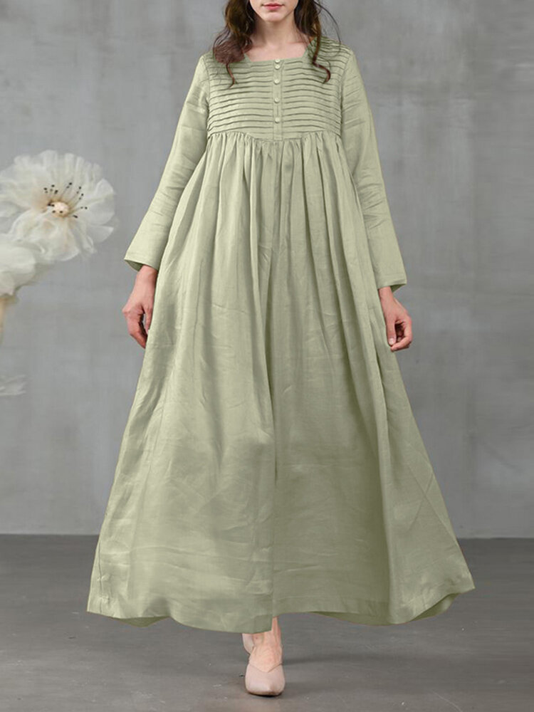 Frauen Vierkant-Plissee-Knopf Lässig Maxi Vintage Kleid Mit Seitentaschen