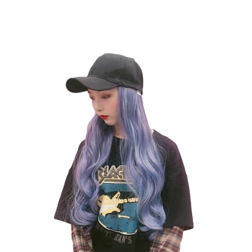 Hut mit synthetischer Haarverlängerung 16 Zoll lange gewellte Haarverlängerungen Baseballkappe komplett aus Baumwolle schwarzer for Frauen – Dunkelschwarz (Color : Blue, Size : Curly hair)