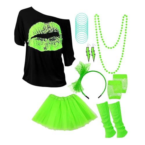 WILMOT 80er & 90er Jahre Outfit Damen, Kostüm 80er Jahre damen für Fasching und Mottoparty Neon Accessoires Thema Party(Green,M)