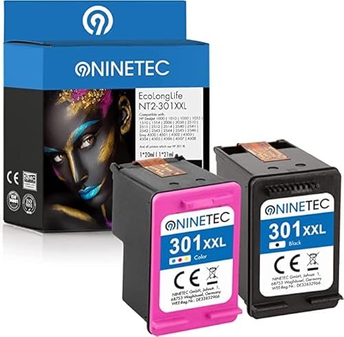 NINETEC EcoLonglife 2 Druckerpatronen kompatibel mit HP 301XL HP301 Black & Color wiederaufbereitet für Envy 4500 5530 4502 4507 OfficeJet 2620 4630 4632 DeskJet 2540 1000 1010 1050 1050A