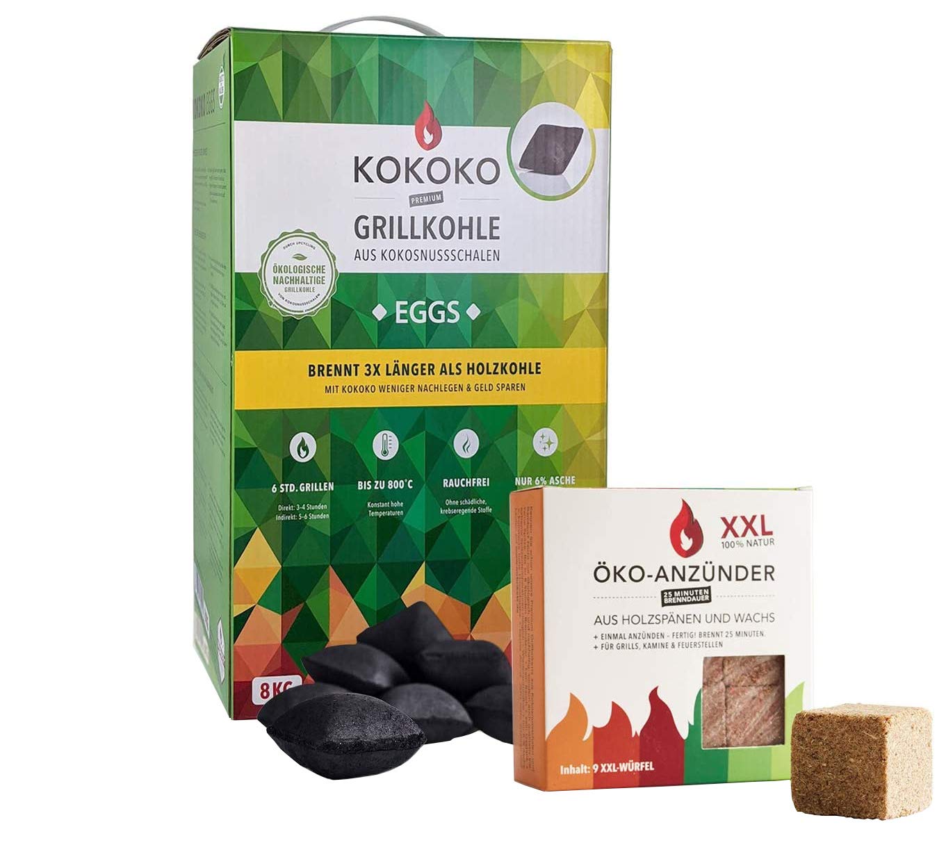 Set: KOKOKO EGGS Bio Kokos Grillbriketts in Eierform 8 kg & ÖKO-ANZÜNDWÜRFEL