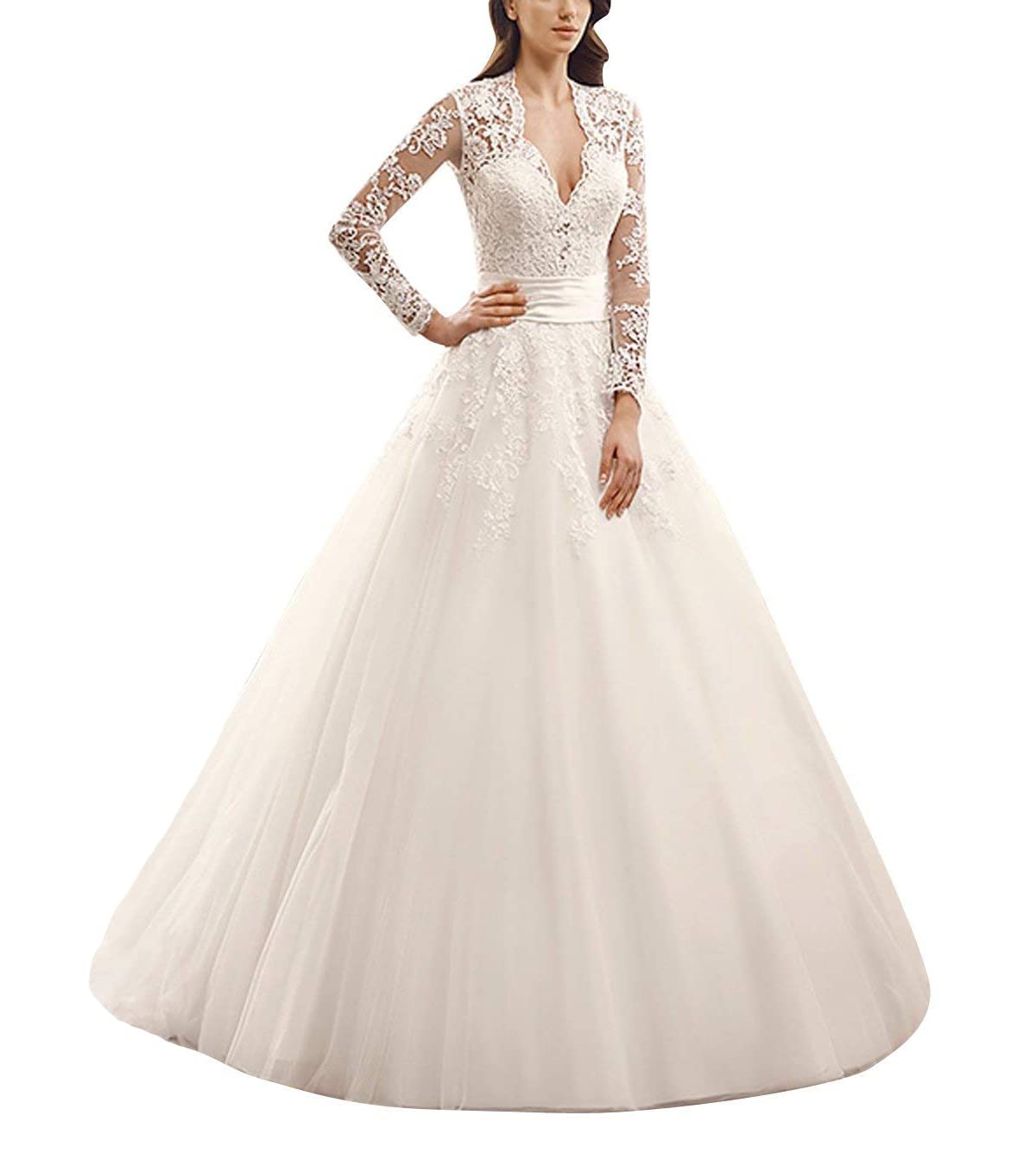 Brautkleider Lang Prinzessin Damen Hochzeitskleider Vintage Spitze Kleid mit Lange Ärmel A-Linie Elfenbein EUR42