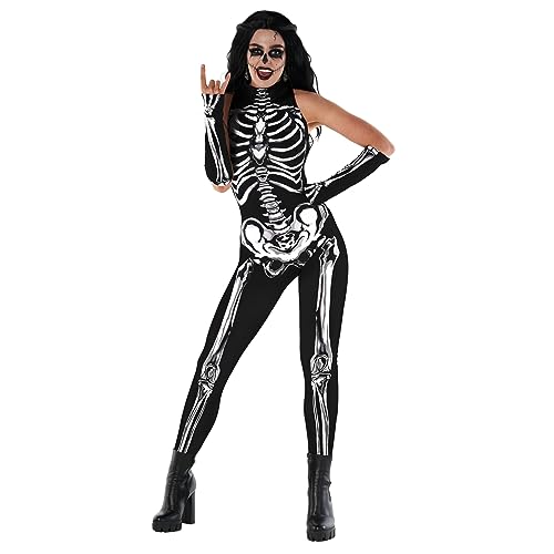 Morph Halloween Kostüm Skelett Damen Skelett Kostüm Damen Overall Skelett Kostüm Damen Sexy Jumpsuit Skelett Damen Skelett Body Damen Skelett Anzug Damen - M