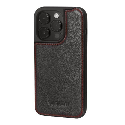 TORRO Hülle Leder Kompatibel mit iPhone 15 Pro – Premium Leder Bumper Hülle (kompatibel mit Offiziellen MagSafe-Ladegeräten) - Schwarz