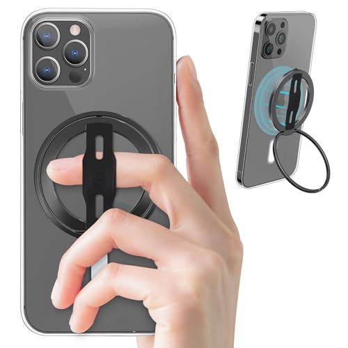 EWA MagOne 2nd Gen [Compatible with MagSafe] Phone Grip Stand with Replaceable Silicone Finger Strap, Removable Magnetic Ring Holder Kickstand Loop, for iPhone 15, 14, 13 Pro/Max/Plus (Black)