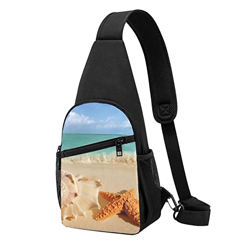 Brusttasche mit Muscheln, bedruckt, Motiv: Seestern am Strand, für Reisen, Wandern, Tagesrucksack, Schwarz , Einheitsgröße
