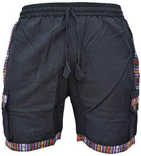 Gheri Herren Baumwolle Rand nepalesische Shorts Hippie Boho halbe Hose schwarz klein