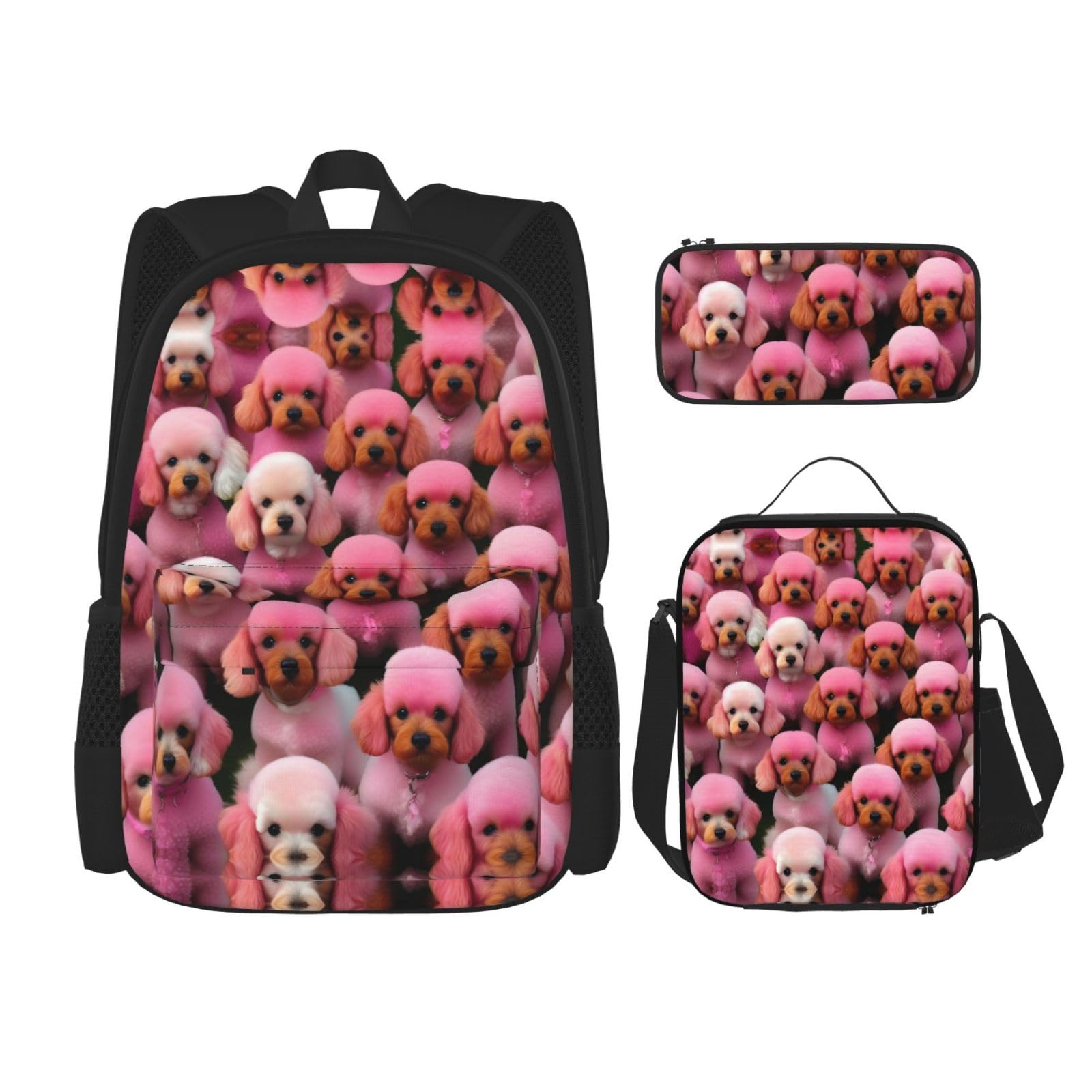 OdDdot 3-teiliges Rucksack-Sets, Druck rosa Pudel Hunde Rucksack mit Lunchbox und Federmäppchen, große Kapazität Rucksack Büchertasche