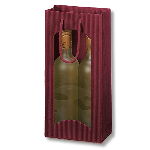 20 x 2er Flaschentragetasche Welle Bordeaux mit Fenster 170 x 85 x 360 mm