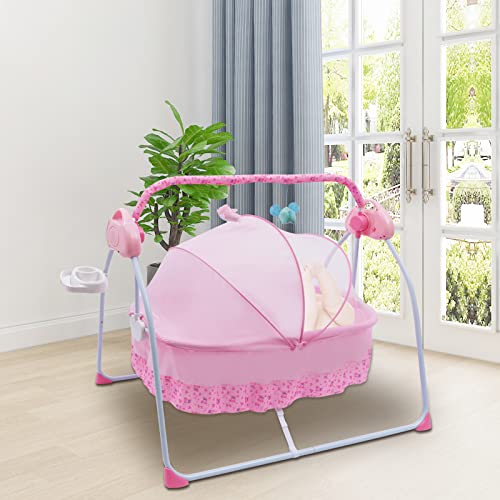 Babywiege Babybett Elektrische, Babyschaukel Elektrisch, Automatischer Schaukelstuhl mit Bluetooth MP3 Musik Player, Auto Swing intelligente Steuerung Baby Crib, 180° Drehbar (Rosa)