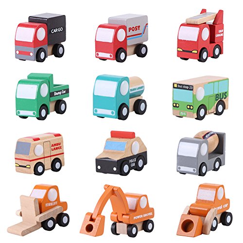 12 Teile / Satz Holz Miniatur Bunte Auto Modell Spielzeug, Kind Cartoon Spielzeug Fahrzeuge Urlaub Geschenk für Kinder Jungen und Mädchen