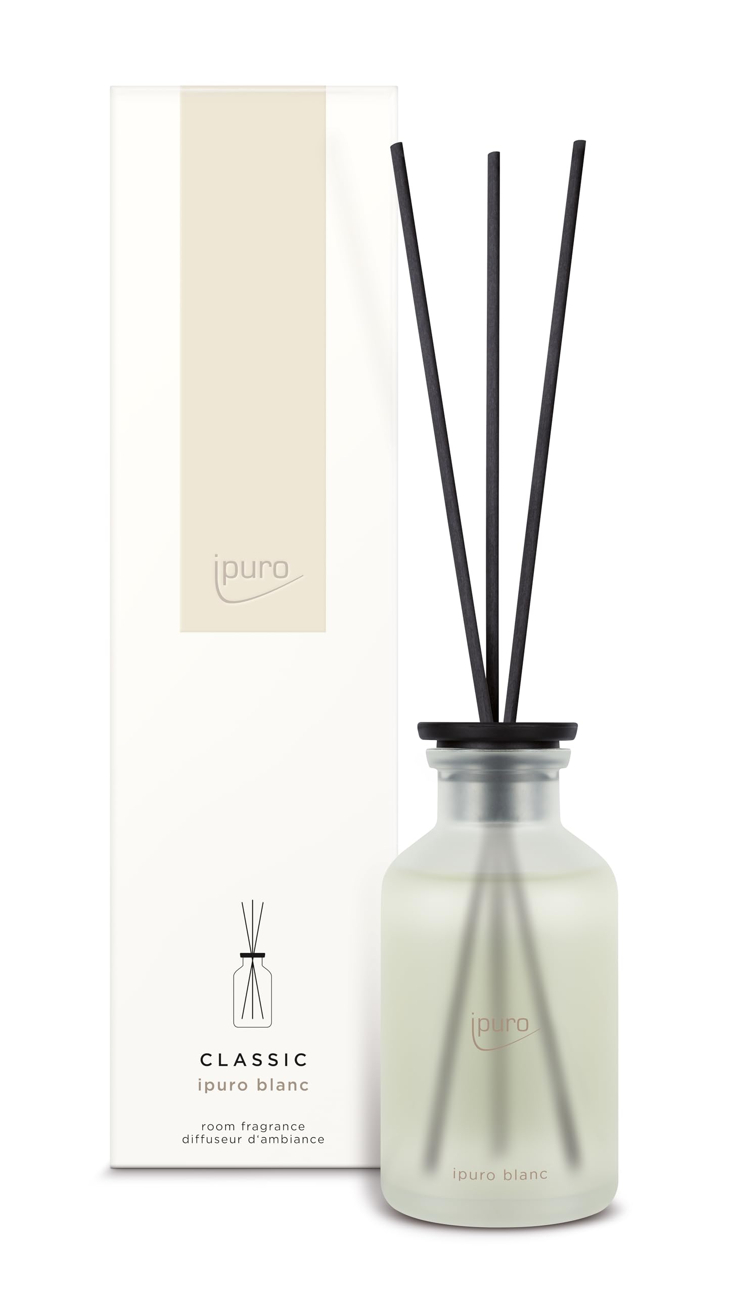 ipuro - Classic Raumduft Blanc - 240ml | Raumerfrischer mit Geranie, Minze & Sandelholz | Frischer Sommerregen Duft | Diffuser mit Stäbchen | Eleganter Lufterfrischer für die Wohnung