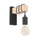 EGLO Wandlampe innen Townshend, Vintage Wandleuchte mit Holzbalken, Retro Wand Lampe aus Holz und Metall in Schwarz, E27, FSC zertifiziert