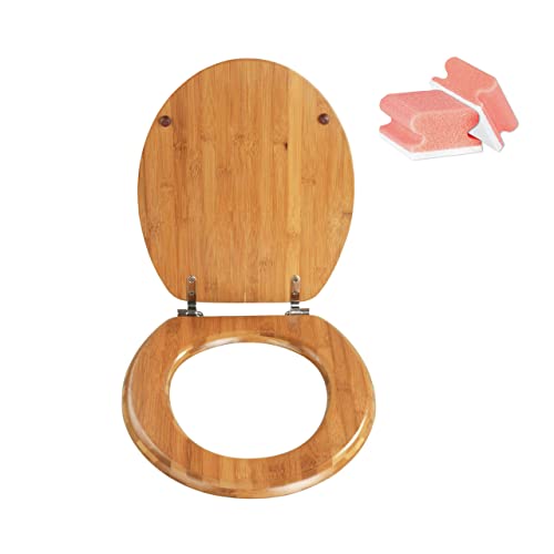 WENKO WC-Sitz Bambus dunkel, natürlicher und langlebiger Toilettensitz mit Edelstahlbefestigung, Bambusholz, Maße 34 x 41 cm, Dunkelbraun inklusive Gratis 2er Set Schwämme