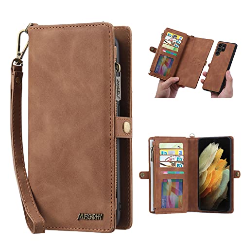 Simicoo Samsung A54 Wallet case, Samsung A54 Flip Leather case Card Slots Holder Zipper Purse Detachable Magnetic Cover Hand Strap Cash Pocket Pouch Wallet for Samsung A54 Woman Man (Brown)