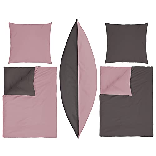 INDA-Exclusiv 3-teiliges Renforcé Bettwäsche-Set Bettbezug Wende rosa/Anthrazit Baumwolle mit Reißverschluss 200x200cm + 80x80cm
