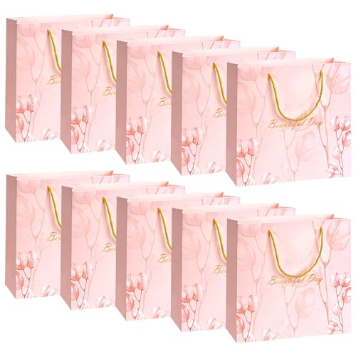 YASYU 10 Stück rosa Geschenktüten mit Griffen Party Favor Bags Treat Bags Merchandise Einzelhandel Taschen für Babyparty, Geburtstag, Hochzeit, Brautjungfer, Feier, 20 x 8 x 20 cm