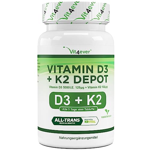 Vitamin D3 + K2 Depot - 365 Tabletten - Premium Rohstoff: 99,7+% All-Trans (K2VITAL® von Kappa) - Mit 5000 I.E. Vitamin D3 pro Tablette - Laborgeprüft - Hochdosiert