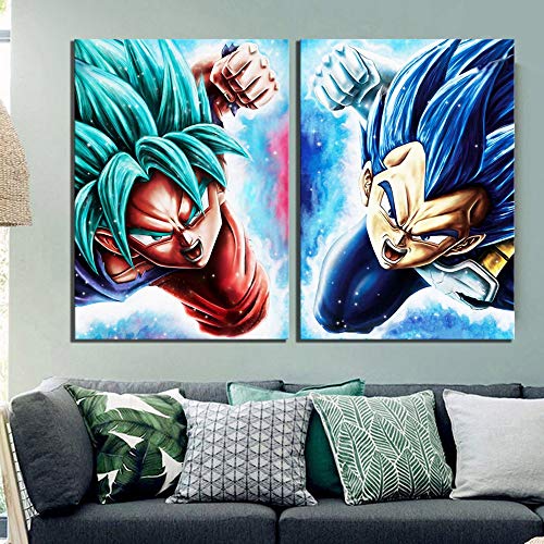 HNTHBZ Leinwand-Malerei Wand-Deko Leinwandbilder Ölgemälde 2 Stück Vegeta Goku Anime Dragon Ball Super Cartoon Modular Poster Moderne HD Printed Home Deco Leinwand Gemälde