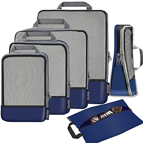 Eono Komprimierbaren Packwürfeln zur Organisation Ihres Reisegepäcks, Compression Packing Cube, Packtaschen Set & Gepäck Organizer für Rucksack & Koffer - Navy, 6-teilig