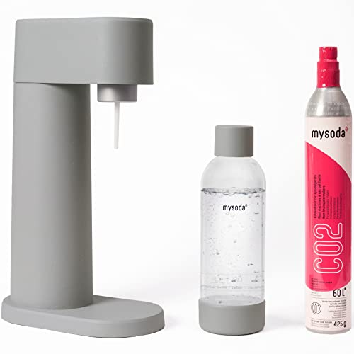 Mysoda Wassersprudler Set Woody aus erneuerbarem Biokomposit Material inkl. CO2-Zylinder und 1L Quick-Connect BPA-frei Plastikflasche, Grau