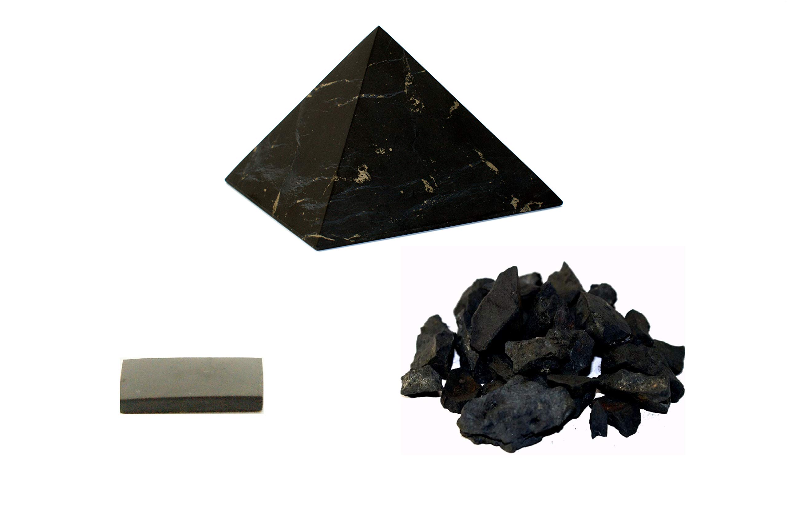 MyHomeLux Schungit Pyramide 5cm Unpoliert | Wassersteine 200g | Handyplatte rechteckig selbstklebend | Mit Prüfzertifikat