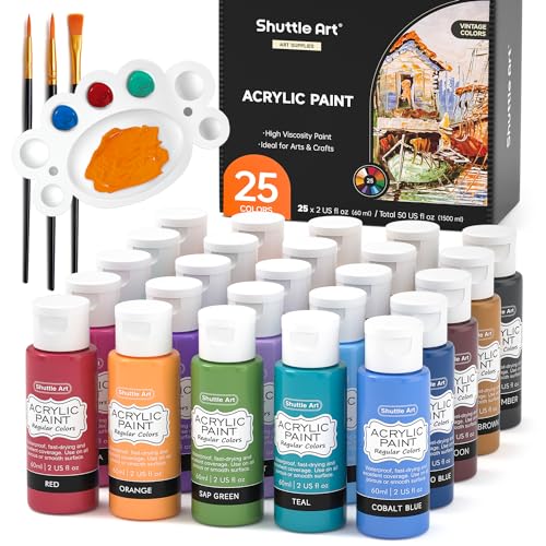 Acrylfarben Set, Shuttle Art 25 Vintage Acrylfarben in Flaschen, je 60ml, mit 3 Malpinseln, hochpigmentiert, Premium Acrylfarben für Künstler, Anfänger und Kinder auf Steine, Leinwand, Holz geeignet