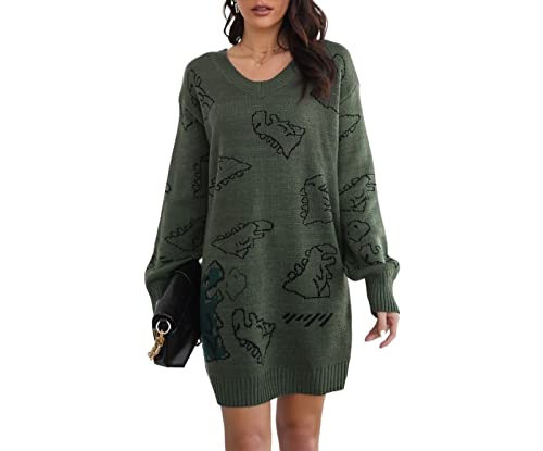 HENGNICE Damen Pullover Niedlichen Dinosaurier Cartoon Muster V-Ausschnitt Langarm Pullover Kleid Lose Strickkleid Herbst Winter (Color : GRÜN, Size : M)