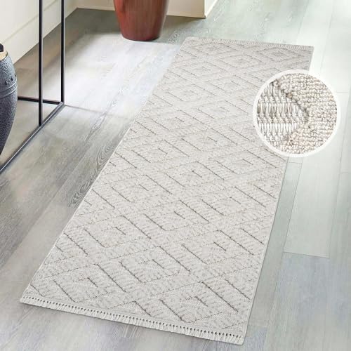 carpet city Kurzflor Teppich Wohnzimmer Beige - 80x300 cm Läufer - Raute-Optik, 3D-Look - Fransen-Teppiche Modern, Boho für Schlafzimmer, Esszimmer