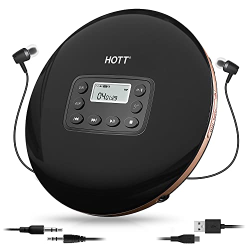 HOTT CD711T Wiederaufladbarer tragbarer Bluetooth-Player für Zuhause, Reisen und Auto mit Stereo-Kopfhörern, Anti-Schock-Schwarz