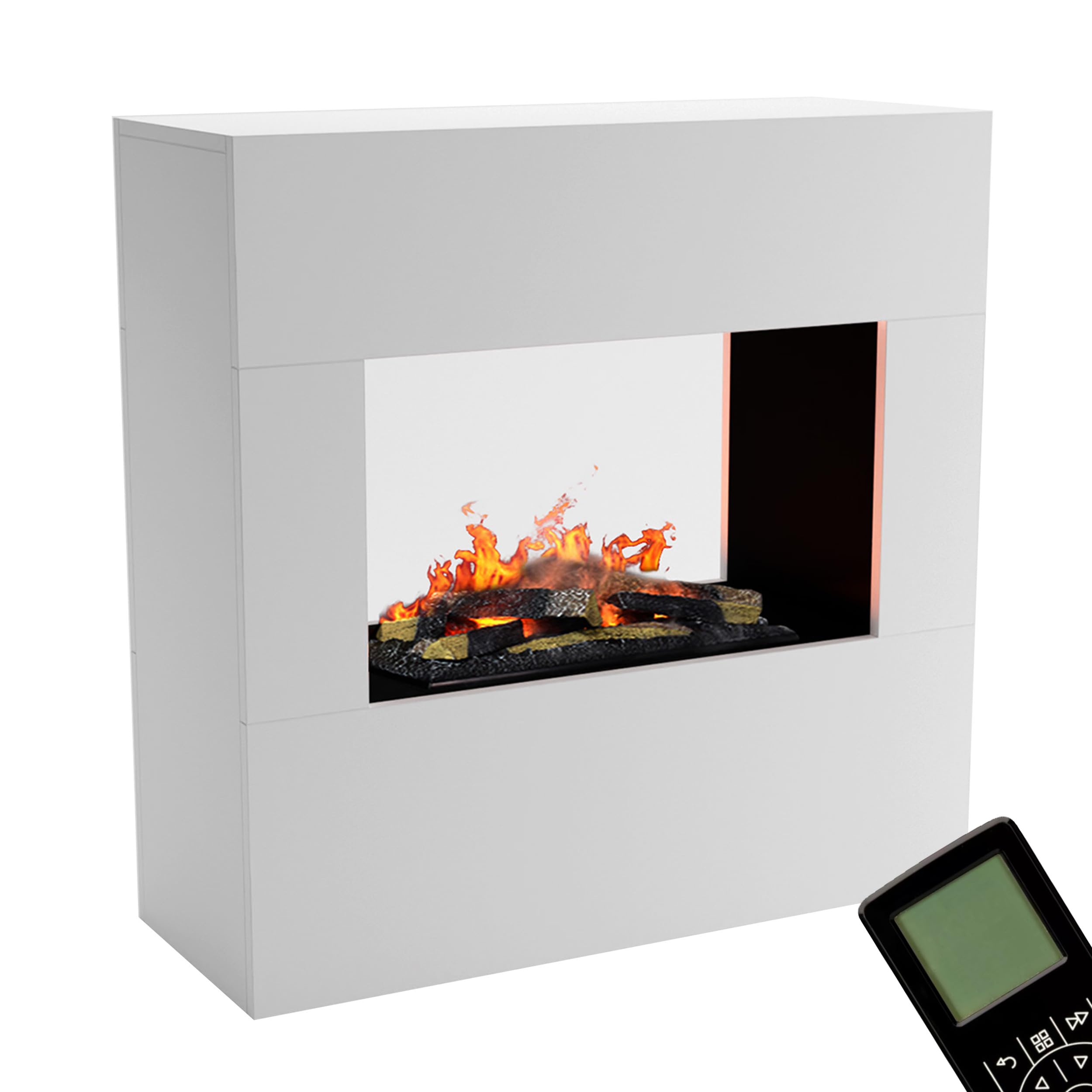 GLOW FIRE Wasserdampf Kamin Goethe (Standkamin) - Elektrokamin mit realistischen LED 3D-Flammen, Knistereffekt & Fernbedienung, 100x100x38 cm - Opti-Myst 600 Elektro Kamin mit Holz-Deko, Weiß