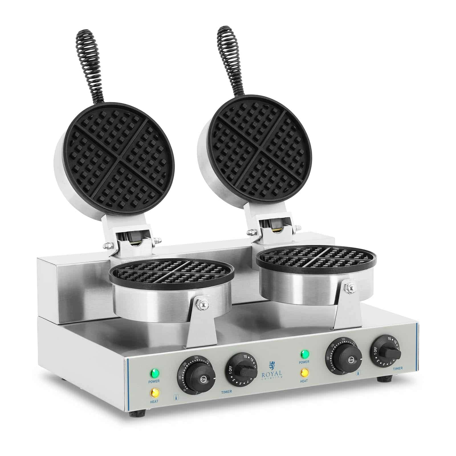 Royal Catering RCWM-2600-R Waffeleisen Waffelgerät Waffelautomat Waffle Maker Belgische Waffel Doppelt Rund (2 x 1.300 Watt, Timer 15 min, Teflon & Aluminium, Edelstahl)